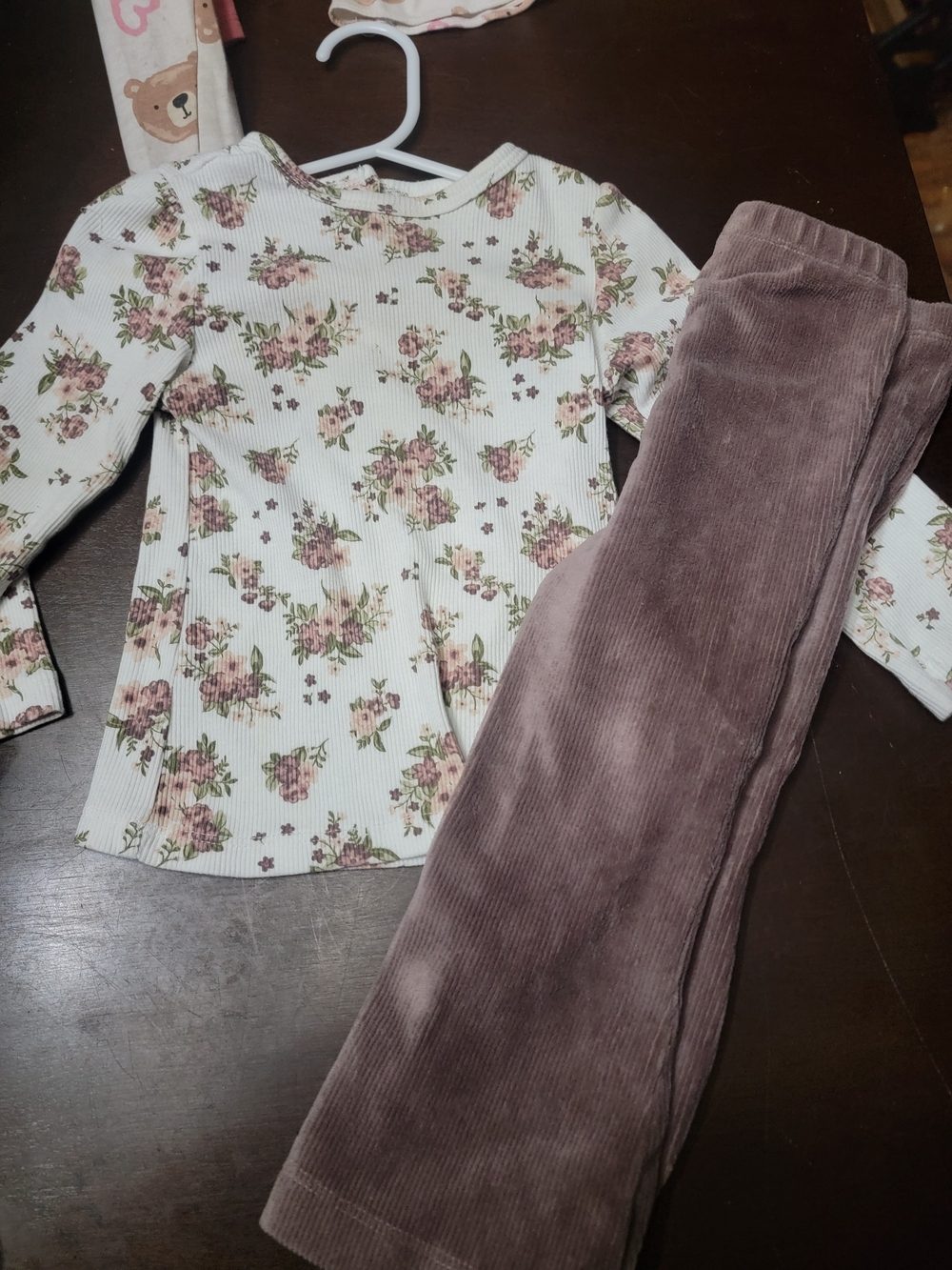 Kids Floral Long-Sleeve Top and Mauve Corduroy Pants Set